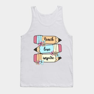 Back To School Teach Love Inspire Pencil Teachers Women Kids Tank Top